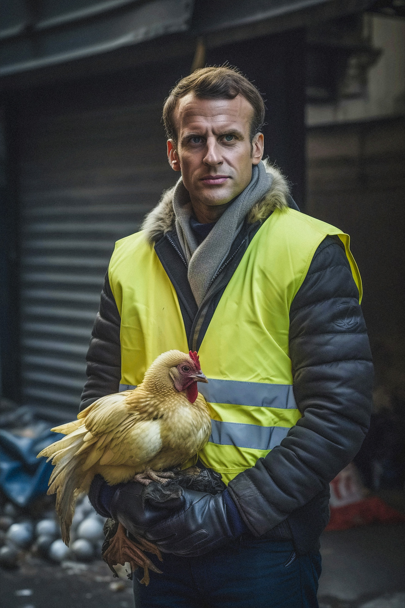 Emmanuel Macron deep fake, wearing Yellow Vest and holding a rooster. March 2023 in Paris